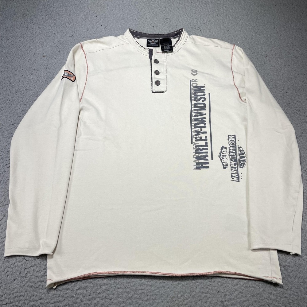 Harley-Davidson Shirt Mens Medium White Henley Long Sleeve Graphic Biker Tee